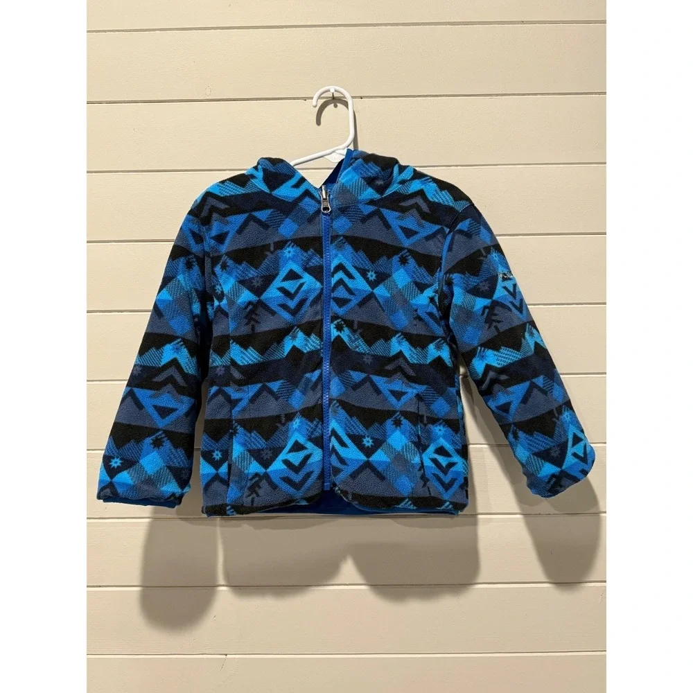 Columbia Reversible Puffer Jacket Toddler‎ 4T Blue Geometric Fleece Insulated